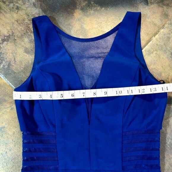 Morgan & Co. Blue Maxi Plunging V neck, Side Mesh Cutouts A-Line Size 5 - Picture 7 of 16